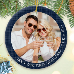 Décoration En Céramique Rustic Navy Blue Frame Photo Mr et Mrs Christmas