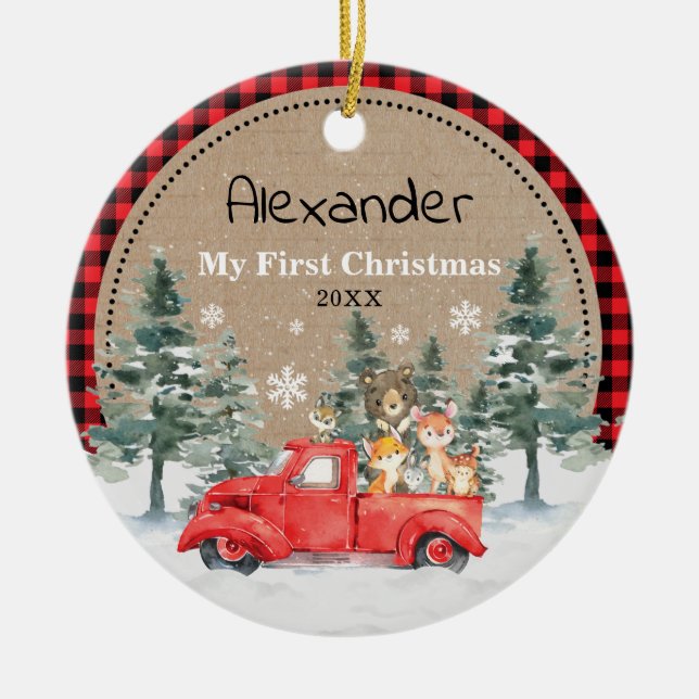 Décoration En Céramique Rustique hiver Bois Animaux Bébé 1er Noël (Devant)