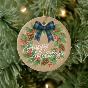 Décoration En Céramique Rustique Holly Wreath Bleu Noir À damiers Bow