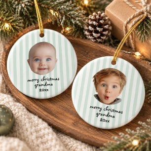 Décoration En Céramique Sage Green Stripe Joyeux Noël Grand-mère Photo
