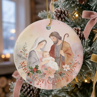 Décoration En Céramique Sainte Famille Pastel Rose Aquarelle Noël TMF26