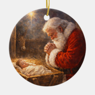 Décoration En Céramique Sainte Kneeling au berceau de la Nativité