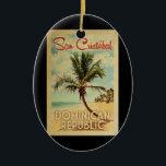 Décoration En Céramique San Cristobal Palm Tree Vintage voyage<br><div class="desc">Un imprimé d'art moderne San Cristobal République Dominicaine du milieu du siècle rétro dans un style d'affiche de voyage vintage. Il dispose d'un palmier incurvé sur une plage de sable avec l'océan sous un ciel bleu nuageux.</div>