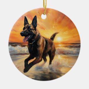 Décoration En Céramique Sandy Paws Berger Malinois sur la plage au coucher