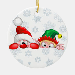 Décoration En Céramique Santa and Elf Cute and funny Characters Peeking