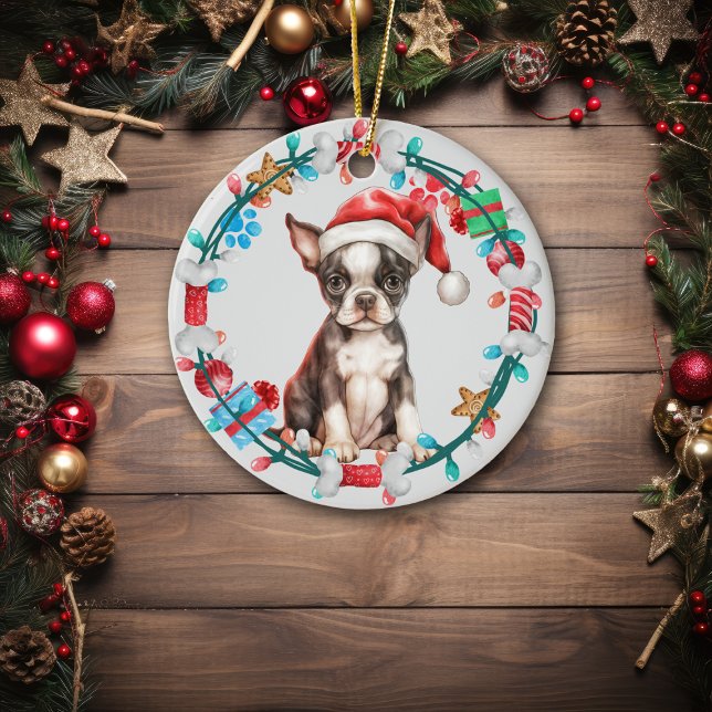 Décoration En Céramique Santa Hat Boston Terrier Puppy Bone Wreath (Créateur téléchargé)