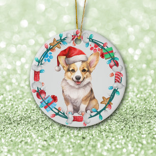 Décoration En Céramique Santa Hat Corgi Puppy Bone Wreath