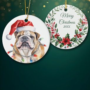 Décoration En Céramique Santa Hat English Bulldog Watercolor Wreath