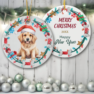 Décoration En Céramique Santa Hat Golden Retriever Puppy Bone Wreath