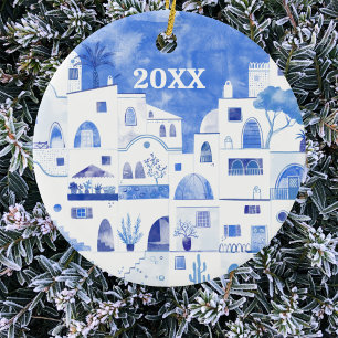 Décoration En Céramique Santorin Grèce Aquarelle Date Méditerranée