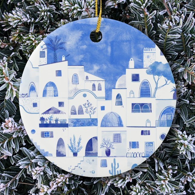 Décoration En Céramique Santorin Grèce Aquarelle Townscape (Santorini blue and white watercolor painting on a ceramic ornament)