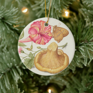 Décoration En Céramique Scène de jardin avec fleurs, papillon et champigno
