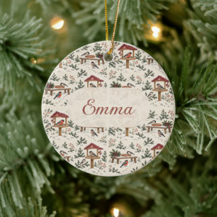 Décoration En Céramique Scène personnalisée de mangeoire à oiseaux de Noël