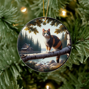 Décoration En Céramique Scène rustique avec un chat calicot charmant