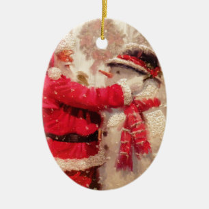 Décoration En Céramique Scène vintage de bonhomme de neige de Père Noël