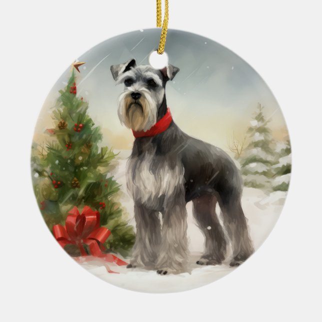 Décoration En Céramique Schnauzer Chien à Noël de neige (Devant)