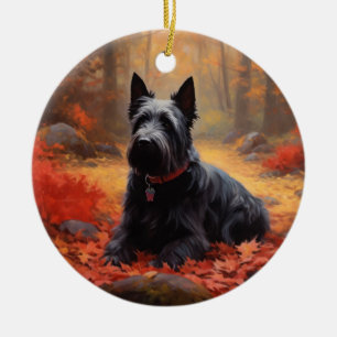 Décoration En Céramique Scottish Terrier dans les feuilles d'automne qui t