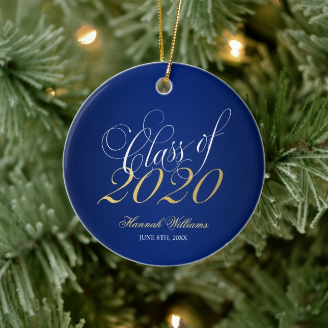 Décoration En Céramique Script Blue Gold Classe de 2020 Graduation (Arbre)