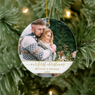Décoration En Céramique Script élégant Notre premier couple d'or Noël