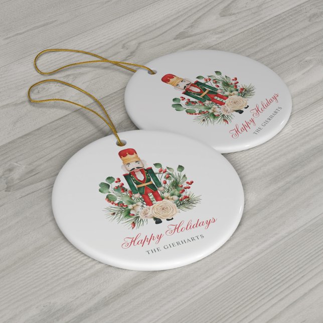 Décoration En Céramique Script moderne Casse-noix Joyeux vacances (Christmas Nutcracker Happy Holidays Floral Ceramic Ornament Tree Decoration)