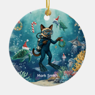 Décoration En Céramique Scuba Cat plonge sous le thème de Noël sous-marin