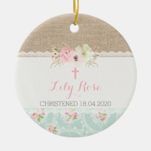 Décoration En Céramique Shabby Chic Pink, Mint, Lace & Burlap Religieux