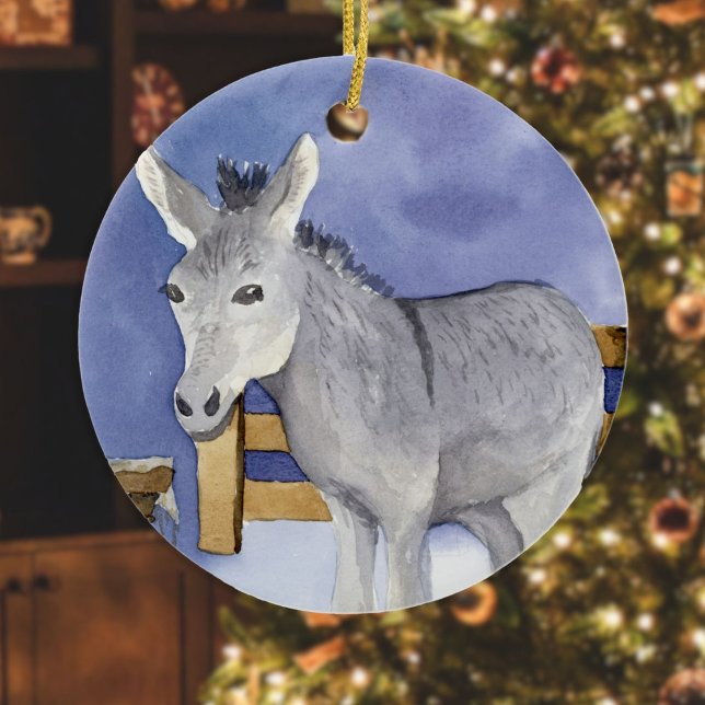 Décoration En Céramique Shaggy Donkey (Friendly Beasts Series) (Donkey Friendly Beast ornament hanging in front of a Christmas tree in a living room)
