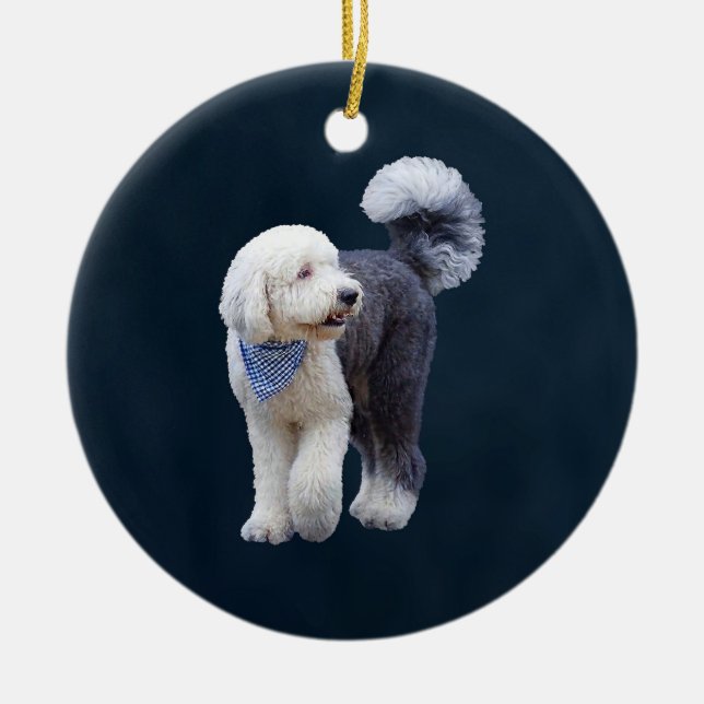 Décoration En Céramique Sheepadoodle avec écharpe à carreaux bleus (Devant)