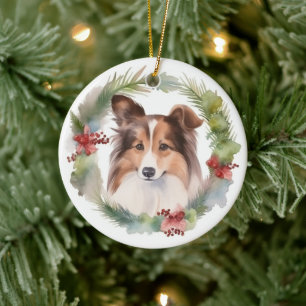Décoration En Céramique Shetland Sheepdog Christmas Wreath Festive Pup
