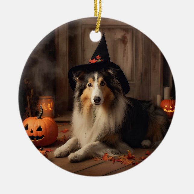 Décoration En Céramique Shetland Sheepdog Citrouille Halloween effrayant (Devant)