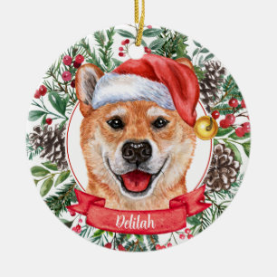 Décoration En Céramique Shiba Inu Dog Custom Santa Hat Christmas Ornament