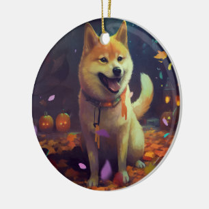 Décoration En Céramique Shiba Inu Halloween avec citrouilles effrayantes