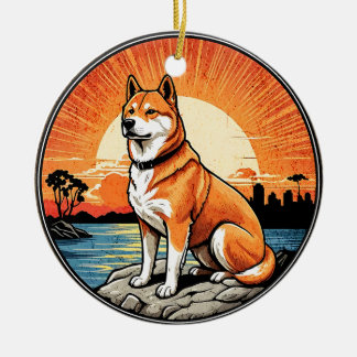 Décoration En Céramique Shiba Inu Rétro Coucher de Soleil Amoureux des Chi