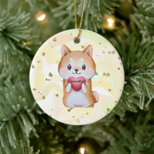 Décoration En Céramique Shiba Inu Tenir Un Coeur