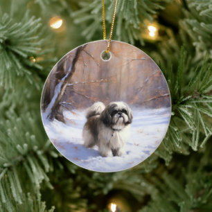 Décoration En Céramique Shih Tzu Laisse Neige Noël