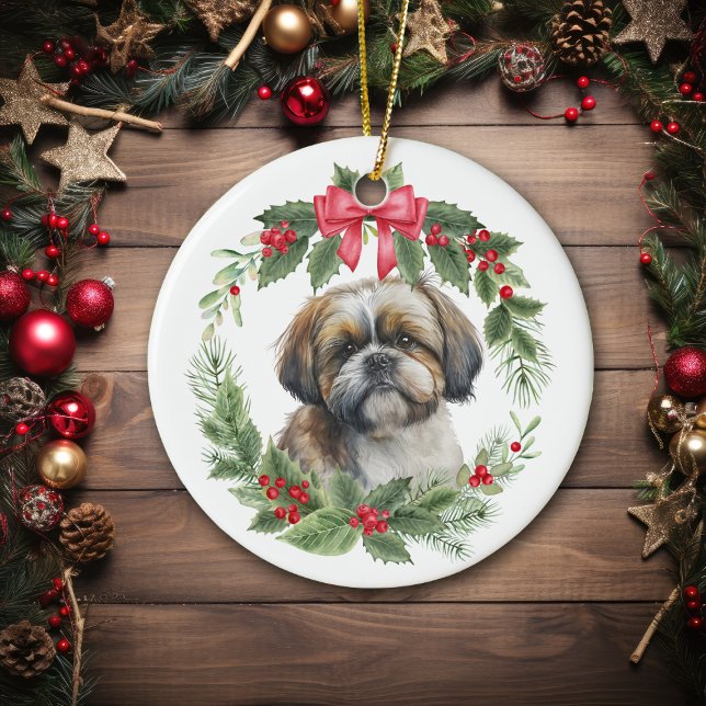 Décoration En Céramique Shih Tzu Red Bow Holly Wreath (Créateur téléchargé)