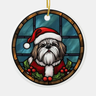 Décoration En Céramique Shih Tzu Vitrail Noël
