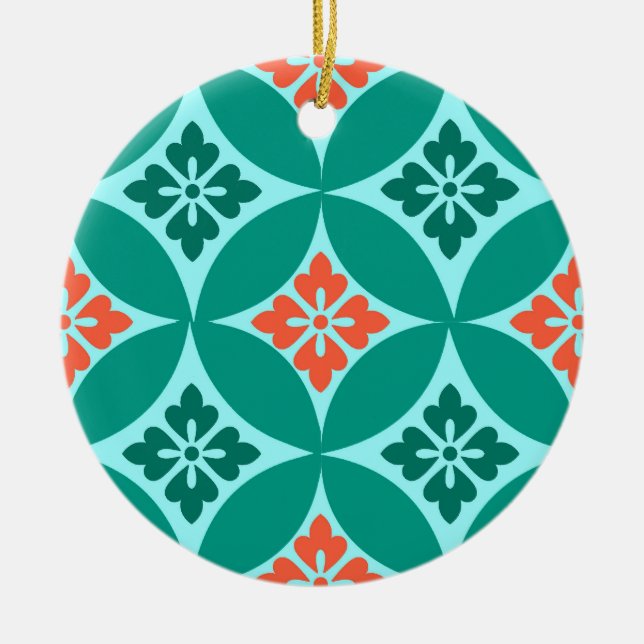 Décoration En Céramique Shippo avec Motif Fleur, Turquoise et Coral (Devant)