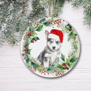 Décoration En Céramique Sibérie Husky Puppy Holly Wreath Noël