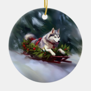 Décoration En Céramique Sibérien Husky neige de Noël hiver
