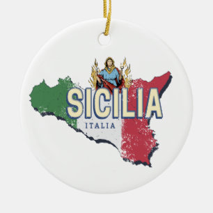 Décoration En Céramique Sicile Drapeau Italie Carte Rétro Souvenir Vintage