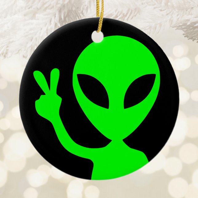 Décoration En Céramique Signe de Paix Alienígen Vert (Peace Sign Green Alien Ceramic Ornament)