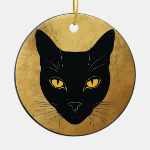 Décoration En Céramique Silhouette de chat noir sur un cercle doré