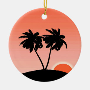 Décoration En Céramique Silhouette Palmier Contre Cerami Orange Coucher Du
