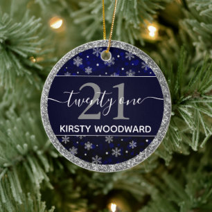Décoration En Céramique Silver Foil Snowflakes & blue bokeh 21e anniversai