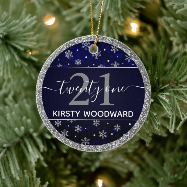 Décoration En Céramique Silver Foil Snowflakes & blue bokeh 21e anniversai (Arbre)