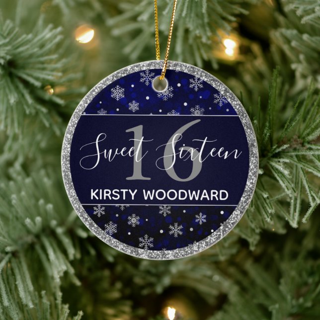 Décoration En Céramique Silver Foil Snowflakes & blue bokeh Sweet 16 (Arbre)