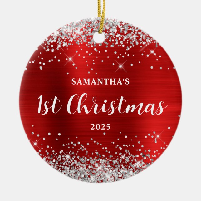 Décoration En Céramique Silver Glitter Red Foil 1st Christmas (Devant)