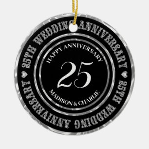 Décoration En Céramique Silver Glitter Text And Hearts Ceramic Ornament