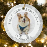Décoration En Céramique Silver Lights Pet's First Christmas Photo<br><div class="desc">Premier ornement photo de Noël de l'animal de compagnie sur mesure avec photo et nom de l'animal de compagnie sur l'argent des lumières de Noël arrière - plan.</div>